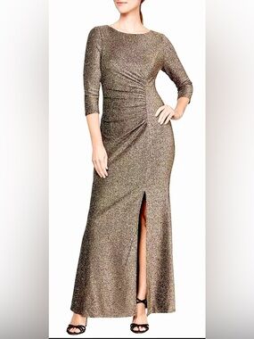 Ignite Evenings Metallic Gold Ruched 3/4 Sleeve Maxi Evening Dress, Size 18
